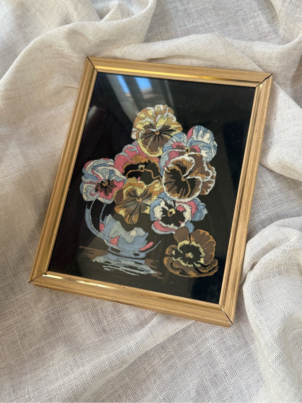 Vintage Framed Pansy Art - Multicolor Pansies on Black